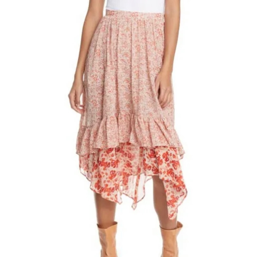 Free People Pink Floral Tiered Midi Skirt